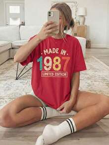 Camiseta Casual para Mujer, Cuello Redondo, Manga Corta |     Impresiones coloridas de "1987" y "Edición Limitada", transpirable, adecuado para todas las estaciones, 100% algodón, duradero. - Rojo - Ver 6