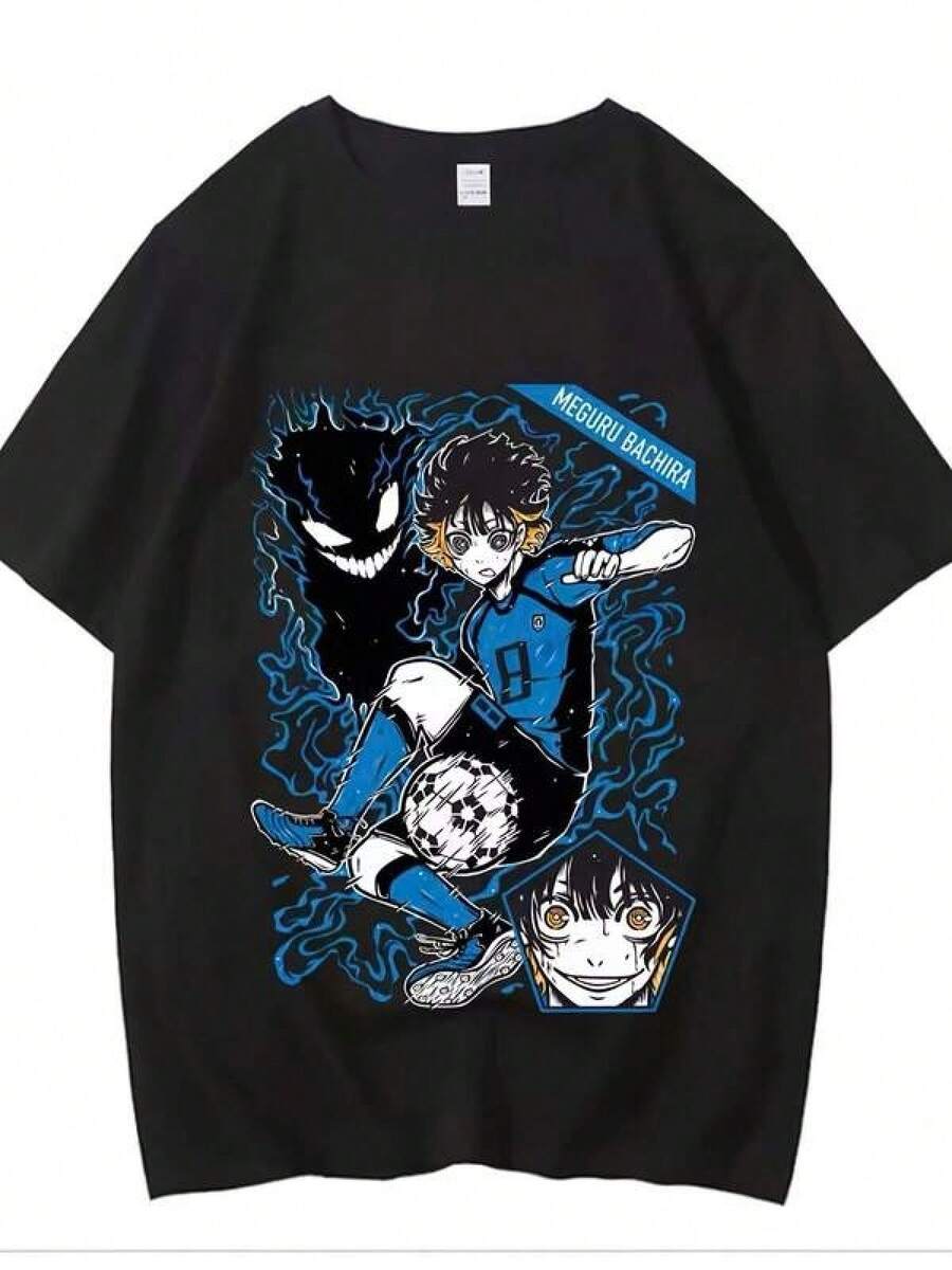 Camiseta de verano para hombre con estampado interesante de productos de anime, camiseta de manga corta negra con patrón de fuego azul y joven futbolistablusas para mujer playeras de mujer vestidos casuales para mujer y2k playeras deportivas para mujer verano camisetas ropa de mujer Fashion Perfect For Daily - Negro - Ver 1