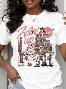 Women's Round Neck T-Shirt With Western Cowgirl Riding Horse And Cactus In The Desert Print, Short Sleeve, Casual Summer Style - 白色 - 查看 6