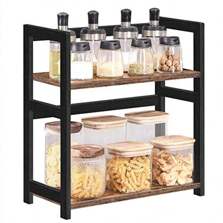 SONGMICS Especiero de 2 Niveles Estante de Especias Marco de Bambú para Comedor Cocina Oficina Marrón Rústico y Negro MOFS046B01 - Marrn Rstico Negro - Ver 1