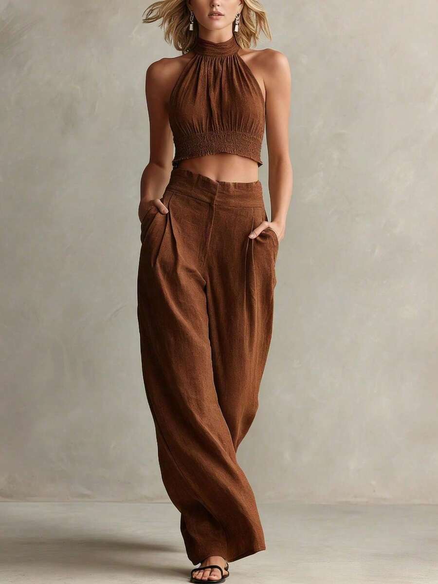 Conjunto de 2 piezas nuevo de moda para mujer, estilo casual, top halter de cuello redondo y espalda descubierta, pantalón largo, perfecto para vacaciones, playa y looks de verano - Marrón claro - Ver 1