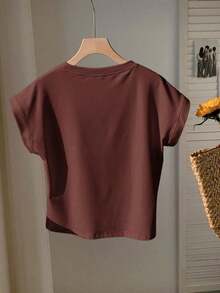 Camiseta de manga corta de cuello redondo de color liso casual de verano - Café integral - Ver 2