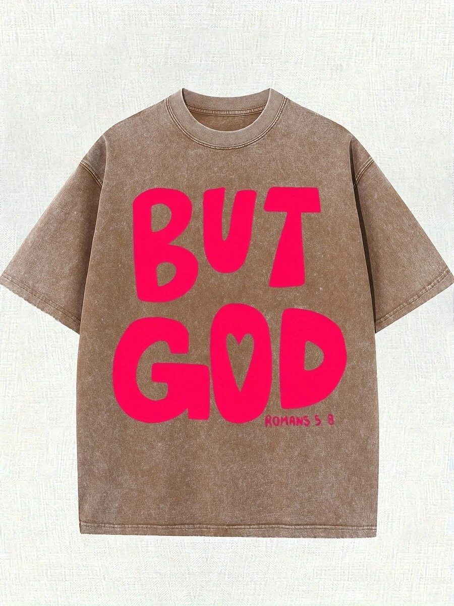 Men's And Women's 220g Cotton T-Shirt - Urban Style "BUT GOD" Print With Heart Design, Loose Fit, Round Neck, Short Sleeve, Casual Summer T-Shirt, Soft Texture. - 咖啡色 - 查看 1