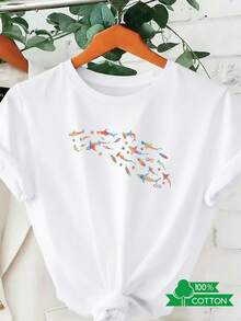 1 camiseta de mujer con cuello redondo, estampado de letras y anime, de diseño sencillo, cómoda y transpirable, adecuada para uso casual diario y versátil, que muestra un estilo natural y elegante, imprescindible para fiestas de verano, envío local. Pluma de tiburón 180g 100% algodón. - Blanco - Ver 1