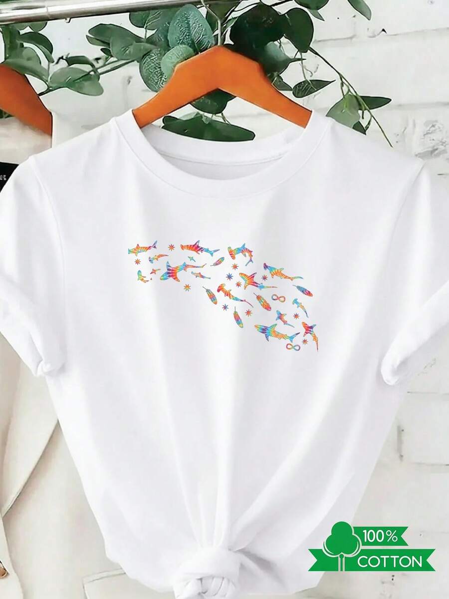1 camiseta de mujer con cuello redondo, estampado de letras y anime, de diseño sencillo, cómoda y transpirable, adecuada para uso casual diario y versátil, que muestra un estilo natural y elegante, imprescindible para fiestas de verano, envío local. Pluma de tiburón 180g 100% algodón. - Blanco - Ver 1