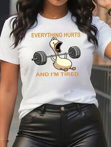 Women's Clothing Funny Fitness T-Shirt For Women, Printed With A Funny Duck And The Slogan "Everything's Fine, I'm Tired" - Soft And Breathable, Features A Funny Pattern Of A Duck Lifting Weights Combined With A Dumbbell Duck Design, Suitable For The Gym And Casual Wear As A Fun Sports Accessory 2026 Women's Shirts - 白色 - 查看 1
