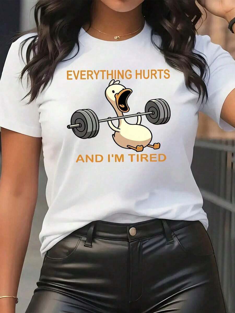 Women's Clothing Funny Fitness T-Shirt For Women, Printed With A Funny Duck And The Slogan "Everything's Fine, I'm Tired" - Soft And Breathable, Features A Funny Pattern Of A Duck Lifting Weights Combined With A Dumbbell Duck Design, Suitable For The Gym And Casual Wear As A Fun Sports Accessory 2026 Women's Shirts - 白色 - 查看 1