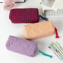 Large Capacity Plaid Pencil Case Suitable For Office And School, Color Block Student Stationery Storage Bag With Portable Desktop Storage Pouch, Compact Stationery Organizer Box Suitable For Classroom Supplies - Style 1 - View 3