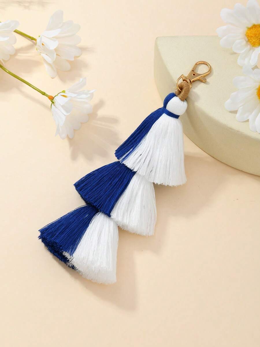 Mặt dây chuyền tua rua 3 lớp bằng rơm, phụ kiện túi xách phong cách du lịch - Màu xanh lam - Xem 1