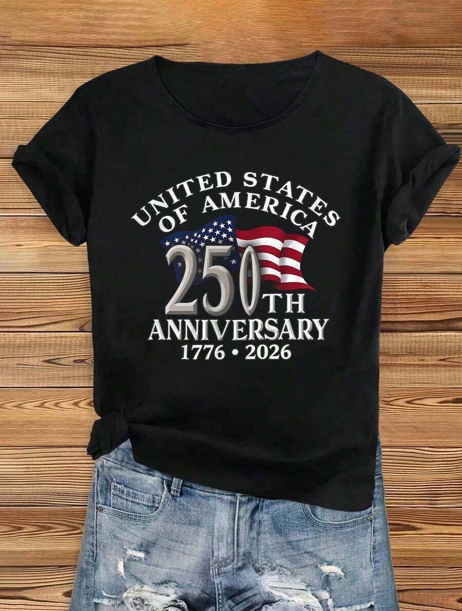 1 Pieza Moda Informal Para Hombres Y Independencia de las Mujeres Día UNIDO ESTADOS OF AMÉRICA 250º ANIVERSARIO 1776 2026 Hermoso A la moda, Elegante Fiesta Elástico Lindo Deportes Regalo Suave Máquina Lavable Inicio Informal Redondo Cuello Corto Manga Camiseta Cómodo Versátil, fácil de combinar, adecuado para el uso diario, estilo urbano, conjuntos de vacaciones, conjuntos de fin de semana. - Negro - Ver 1