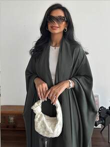 Conjunto de túnica holgada de unicolor con mangas de murciélago & pañuelo de cabeza, estilo árabe de Oriente Medio, ropa de primavera y otoño - gris-negro - Ver 6