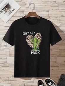 SimpieAndVersatileDesignCamiseta casual con estampado de letras de corazón con estampado de leopardo de cactus para mujer Camiseta holgada informal para mujer con estampado de cactus y leopardo con corazones Camisetas de MujerCottonT-Shirt - Negro - Ver 2
