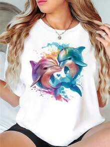 Women's And Unisex Dolphin Print T-Shirt, Soft And Breathable - Lightweight Summer Beachwear With Colorful Dolphin Graphics And Jumping Dolphins, Casual Short Sleeve Crew Neck T-Shirt, Machine Washable, Comfortable For The Pool, Vacation, Casual Wear - 白色 - 查看 7