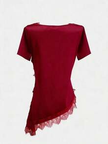 Women's T-Shirt With Ruffled Collar And Lace, Elegant And Fashionable, Suitable For Valentine's Day, Weddings, Holidays, Casual Outings, Parties, With An Asymmetrical Hem And Stretchy Fabric - 紅色的 - 查看 2