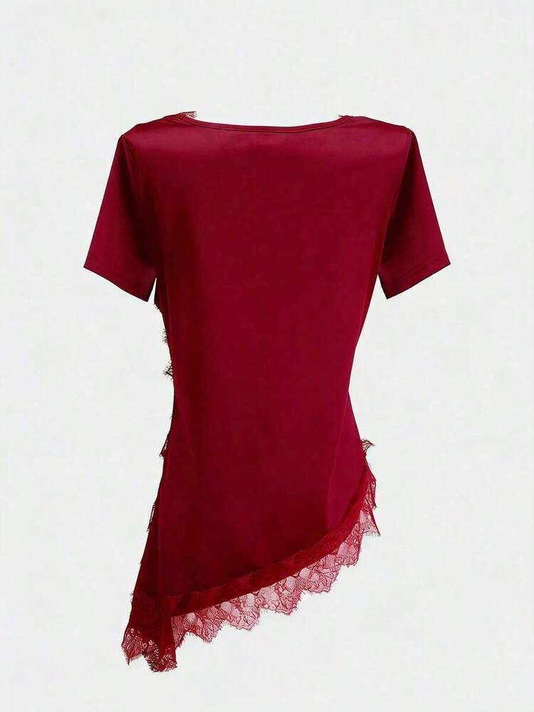 Women's T-Shirt With Ruffled Collar And Lace, Elegant And Fashionable, Suitable For Valentine's Day, Weddings, Holidays, Casual Outings, Parties, With An Asymmetrical Hem And Stretchy Fabric - 紅色的 - 查看 2