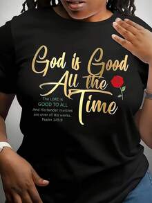 Women's Plus Size Casual Crew Neck T-Shirt With "God Is Good At All Times" Print, Stylish Alphabet Pattern, Polyester Knit Fabric, Medium Stretch, All Season Wear, 180 G/M² - Black - 黑色 - 查看 1