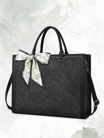 Multi-Compartment 15.6 Inch Laptop Tote Bag Women Lightweight Waterproof Floral Embossed Computer Bag For Work With Pen Pockets Mesh Pockets Silk Scarf