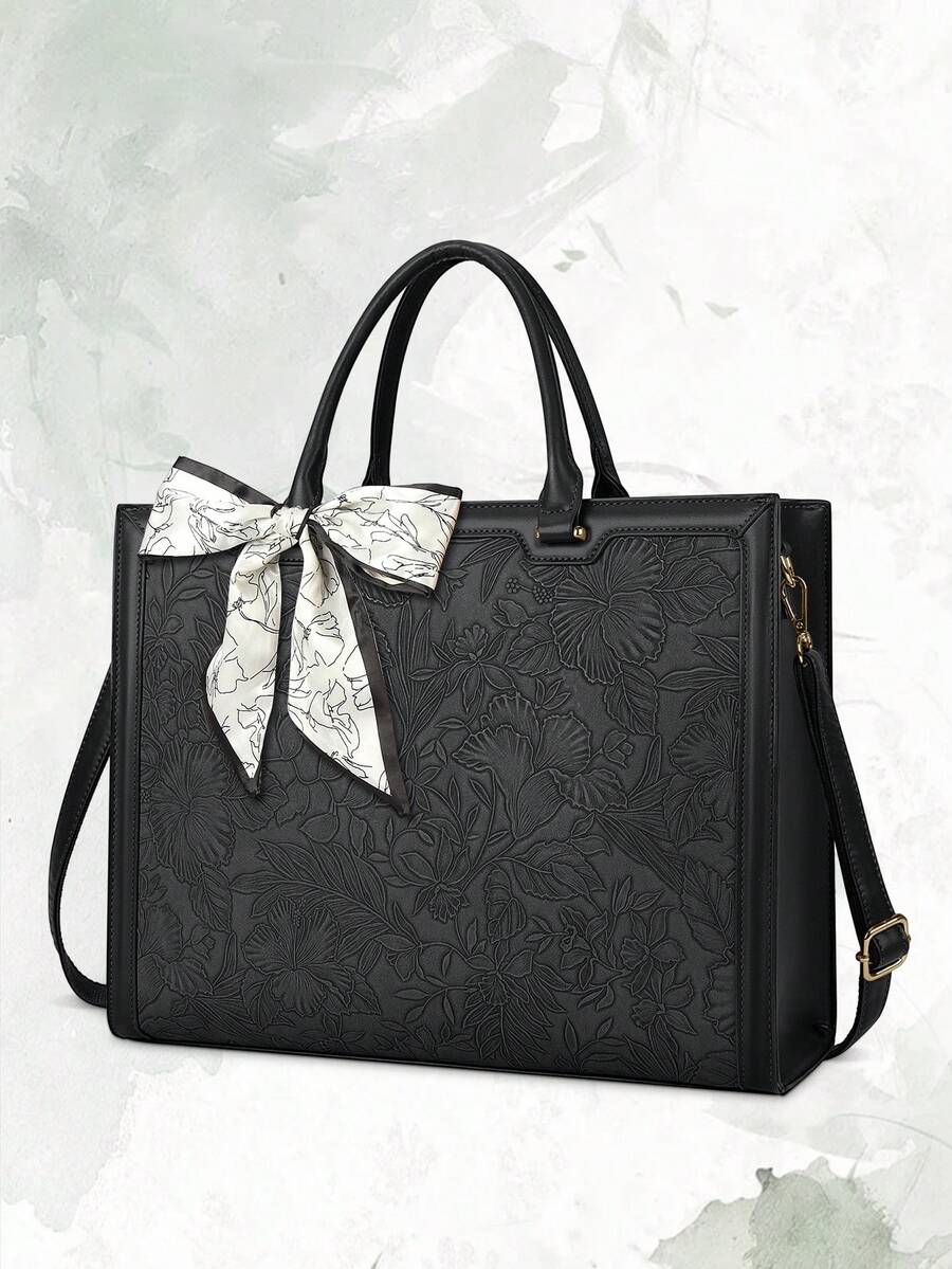 Bolso de tote para computadora portátil de 15.6 pulgadas con múltiples compartimentos, ligero e impermeable, con estampado floral en relieve, para mujer, con bolsillos para bolígrafos, bolsillos de malla y pañuelo de seda, para el trabajo