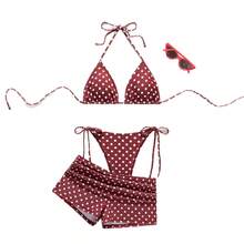 Nuevo conjunto de bikini de tres piezas para mujer, sexy, con tiras de lunares, negro, con cordones, para la playa en verano. - Blanco - Ver 6