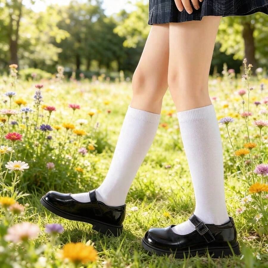 5 Pairs Summer New Back To School White Knee High Socks, Children Long Tube Socks For Spring, Summer, Autumn, Winter, Suitable For 3-5-7-9-12 Years Old Boys And Girls, School Uniform Socks, Graduation Photo Socks, Outdoor Sports Soccer Socks - White - View 1