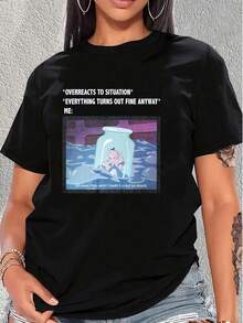 A Humorous Illustration Depicting A Young Woman Trapped Inside A Jar Floating In Water, Expressing A Mixture Of Sadness And Ironic Humor About Emotions; A Comfortable And Breathable Casual Women's T-Shirt - 黑色 - 查看 1