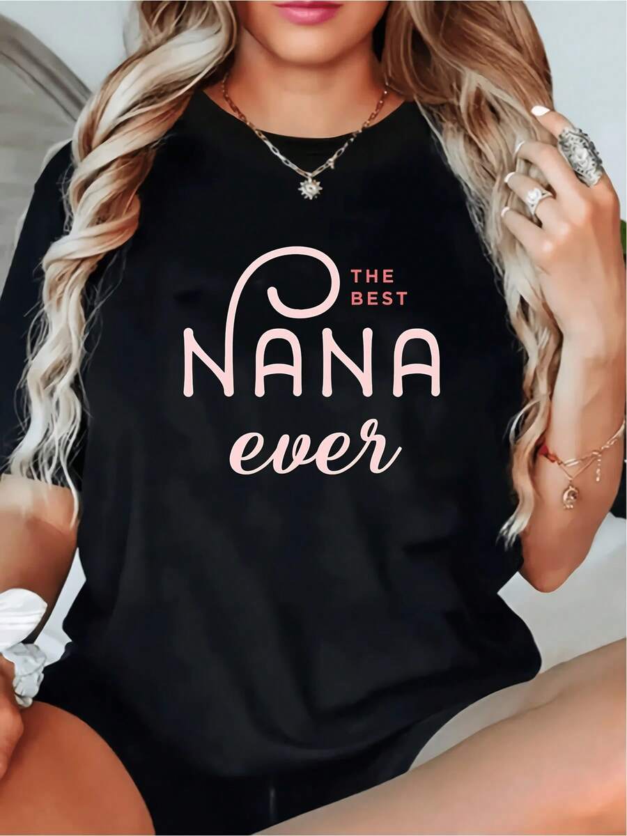 2026NANA Printed T-Shirt, Stretchy Fabric, Comfortable, Short-Sleeved, Round Neck, Casual Style, Ideal For Everyday Wear In Spring And Summer. Classic NANA Print Design, Friendly Style. Black Short-Sleeved T-Shirt With Print, Loose Fit For Women. - 黑色 - 查看 1