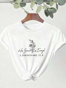 Camiseta con estampado de letras, cuello redondo de manga corta, parte superior casual para vacaciones de primavera/verano en colorPure-Cotton - Blanco - Ver 4