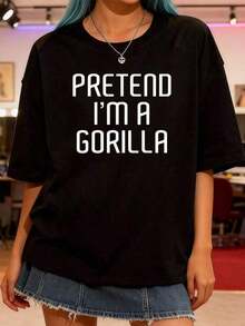Short-Sleeve Family Lazy Gorilla Costume, Funny Halloween T-Shirt, Women's Outdoor Exercise T-Shirt, Graphic Tees, Crop Tops, Sets, Tops, VGST Round Neck Blouses For Women Casual 100% Cotton - 黑色 - 查看 6