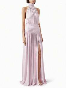 Sleeveless Halter Dress With Open Back, Full Skirt And Side Slit, European And American Style. - 淺灰紫 - 查看 4