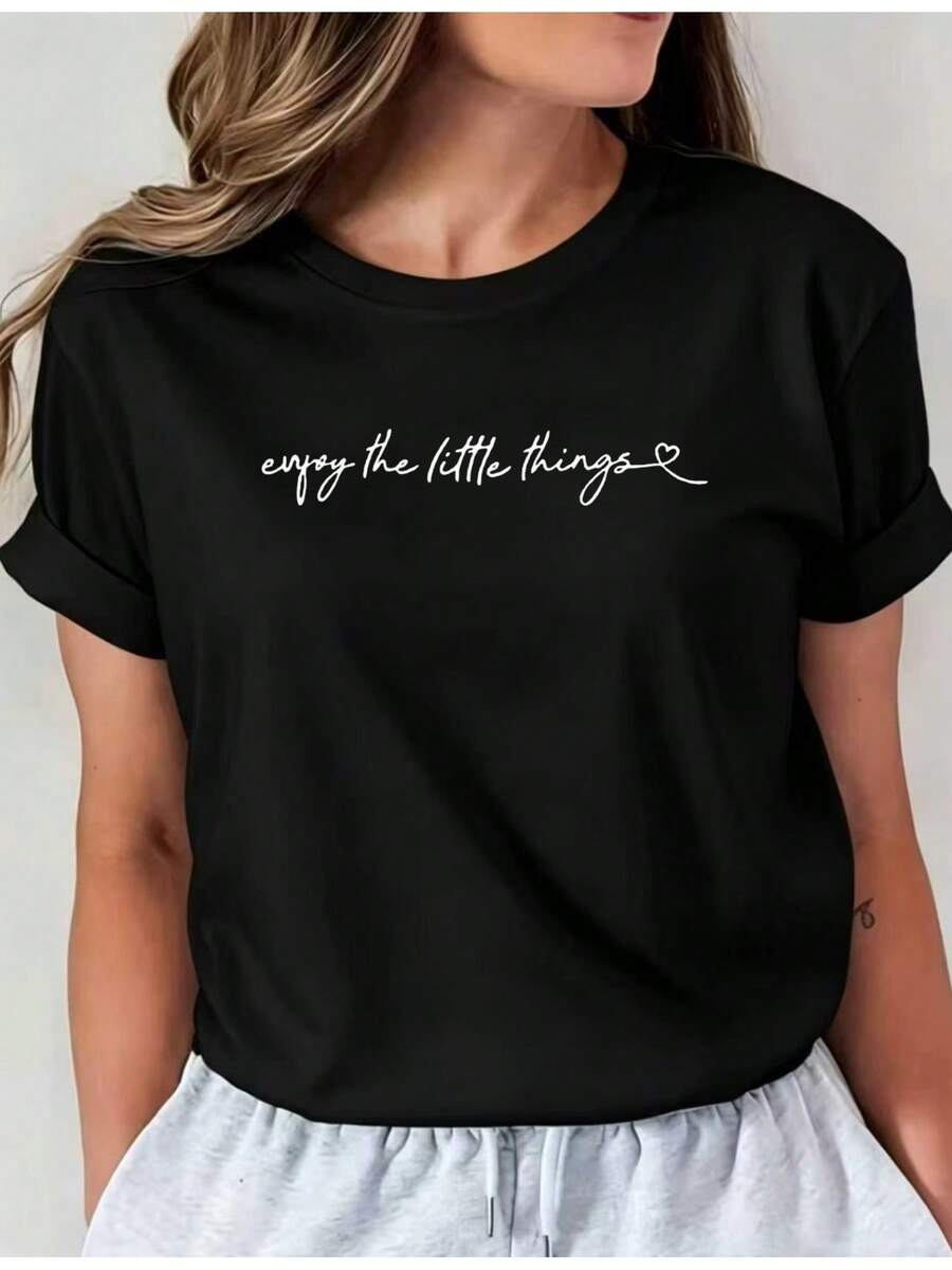 Disfruta de los pequeños detalles de la vida. Camiseta de manga tres cuartos con cuello en V, estilo europeo y americano, para mujer, informal y cómoda para el día a día. i01 Top casual de cuello redondo. Ropa cómoda para mujer, blusas para dama. - Negro - Ver 1