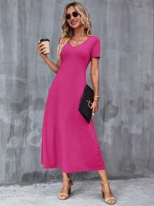 Vestido unicolor con bolsillo oculto escote V - Rosa Fucsia - Ver 3