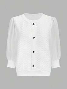 Blusa casual minimalista de mujer de unicolor con botones frontales, mangas largas y contraste de malla - Blanco - Ver 5