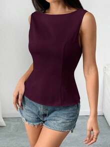 Camisa tipo camisola ajustada sin mangas con espalda abierta y lazo, unicolor.Elegante, informal, sexy y minimalista para oficina y negocio.Primavera/Verano - Burdeos - Ver 7