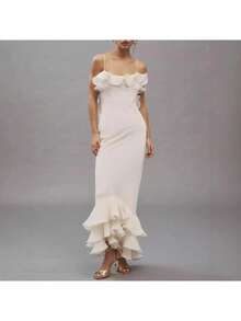 Long Party Dress 2026, Straps, Open Back, Ruffles And Fitted Hip Cut, European And American Style - White - View 1