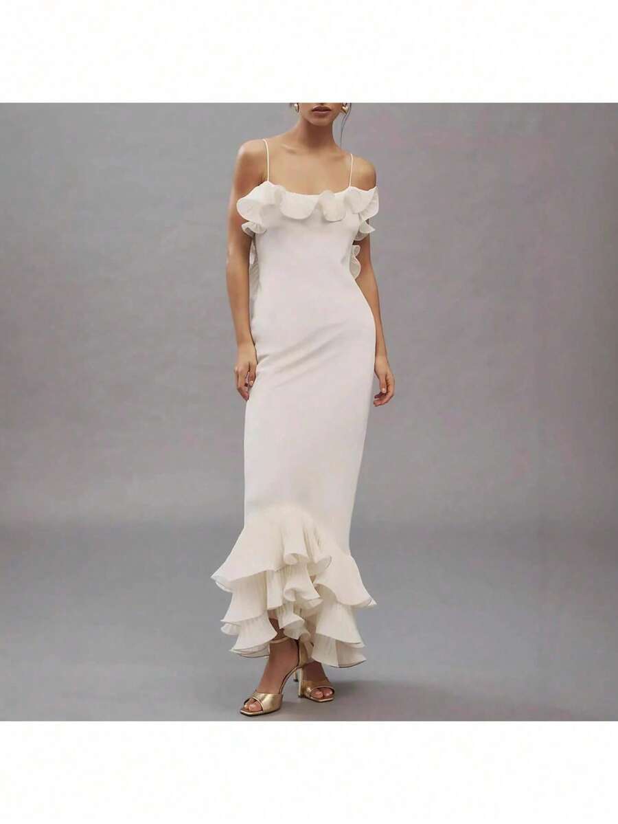 Long Party Dress 2026, Straps, Open Back, Ruffles And Fitted Hip Cut, European And American Style - White - View 1