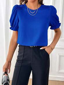 Blusa con mangas abullonadas, blusas de manga corta - azul real - Ver 6