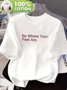 Women's Short-Sleeved T-Shirt, 100% Cotton, With Letter Print, Casual Style, Round Neck, Soft And Breathable For Home And Outings, Comfortable Clothing For All Seasons. - 白色 - 查看 8