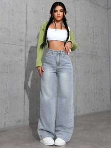 Jeans de pierna ancha de unicolor, versátiles y casuales con bolsillos para mujer - Gris 3 - Ver 6
