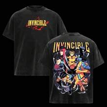 Invincible Graphic T-Shirt With Acid Wash Effect, Mark Grayson Multiverse Comics Print, Distressed Retro Style, Thick Cotton, Oversized Fit, Grunge Streetwear Style, Unisex, Casual, Short Sleeve, Vintage, Superhero Aesthetic, For Comic Book Fans, Men's Clothing. PLZI - 黑色 - 查看 5