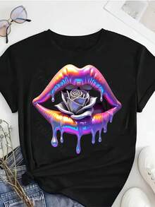 Plus Size T-Shirt With Round Neck, Rainbow Lips Print And Drop Design, Colorful, Fun And Fashionable T-Shirt, Plus Size T-Shirt For Women, Short Sleeve T-Shirt, Fashionable Casual Top, Women's Clothing For Spring/Summer, Mother's Day/Anniversary/June 10, Sizes 0X-4X. - 黑3 - 查看 1