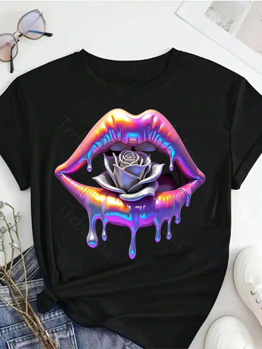 Plus Size T-Shirt With Round Neck, Rainbow Lips Print And Drop Design, Colorful, Fun And Fashionable T-Shirt, Plus Size T-Shirt For Women, Short Sleeve T-Shirt, Fashionable Casual Top, Women's Clothing For Spring/Summer, Mother's Day/Anniversary/June 10, Sizes 0X-4X. - 黑3 - 查看 1