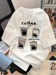 Camiseta de algodón con estampado "Café Lovers" casual de moda para mujer - Blanco - Ver 1