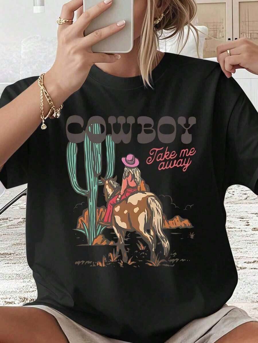 Under The Radar Women's Denim Short Sleeve T-Shirt - 100% Cotton Crew Neck Casual Western Style Print, Spring Summer Blouse For Casual Outfits And Themed Events, Machine Washable, Opaque Shirt Suitable For Use - Vintage Street Style Unisex Loose Cotton Short Sleeve Crew Neck T-Shirt - 黑色 - 查看 1