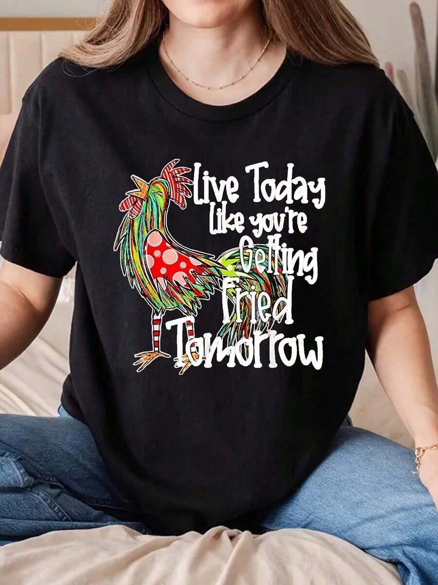 Women's Graphic Cartoon Hand-Painted Colorful Rooster Casual T-Shirt, Live In The Moment, As If You Will Die Tomorrow - Cotton Letter Print T-Shirt - Loose Crew Neck, Short Sleeve, Breathable Casual Top, Suitable For Daily Wear And Parties - Bohemian T-Shirt Blouses For Women - 黑色 - 查看 1