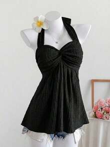 Top de tirantes con estampado de lunares marrones y detalle de nudo en la espalda para mujer, adecuado para verano, vacaciones de primavera, ceremonia de graduación, fiesta de boda, vacaciones elegantes, playa casual, estilo Y2K lindo y sexy y - Negro - Ver 1