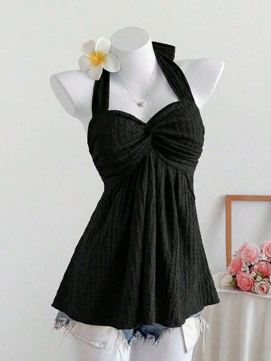 Top de tirantes con estampado de lunares marrones y detalle de nudo en la espalda para mujer, adecuado para verano, vacaciones de primavera, ceremonia de graduación, fiesta de boda, vacaciones elegantes, playa casual, estilo Y2K lindo y sexy y - Negro - Ver 1