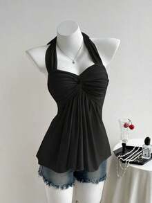 Top de tirantes con estampado de lunares marrones y detalle de nudo en la espalda para mujer, adecuado para verano, vacaciones de primavera, ceremonia de graduación, fiesta de boda, vacaciones elegantes, playa casual, estilo Y2K lindo y sexy y - Negro 3 - Ver 1