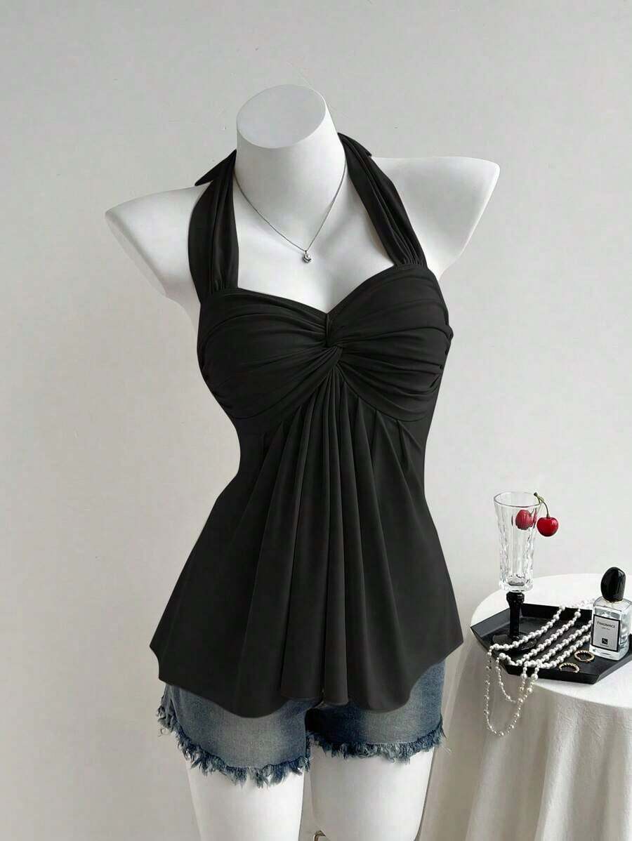 Top de tirantes con estampado de lunares marrones y detalle de nudo en la espalda para mujer, adecuado para verano, vacaciones de primavera, ceremonia de graduación, fiesta de boda, vacaciones elegantes, playa casual, estilo Y2K lindo y sexy y - Negro 3 - Ver 1