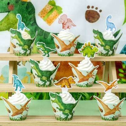 16 chiếc/8 bộ giấy gói trang trí bánh kem hình khủng long T-Rex, giấy gói bánh cupcake cho tiệc sinh nhật chủ đề khủng long, đồ trang trí tiệc động vật, đồ trang trí tiệc tiết lộ giới tính.