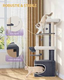HEXCELEN 151cm Cat Tree, Multi-Level Corner Cat Tower For Indoor Cats, 3 Large Soft Platforms, 6 Sisal Scratching Posts, Large Cave, Basket, Pompoms - Dark Grey - View 4
